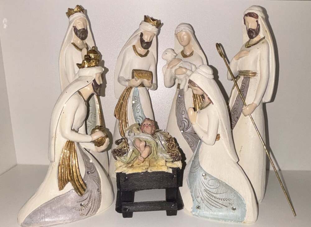 7-Piece Faceless Ceramic Nativity Set 7.5” Ivory Blue Gold Christmas Decor